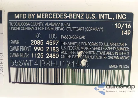 2017 Mercedes-Benz C 300 Sport z USA, uszkodzony, nr VIN 55SWF4JB8HU194448